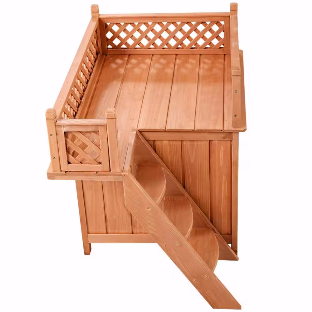 ANGELES HOME Natural Wood Dog House with Roof Balcony and Bottom Floor for Small Dog