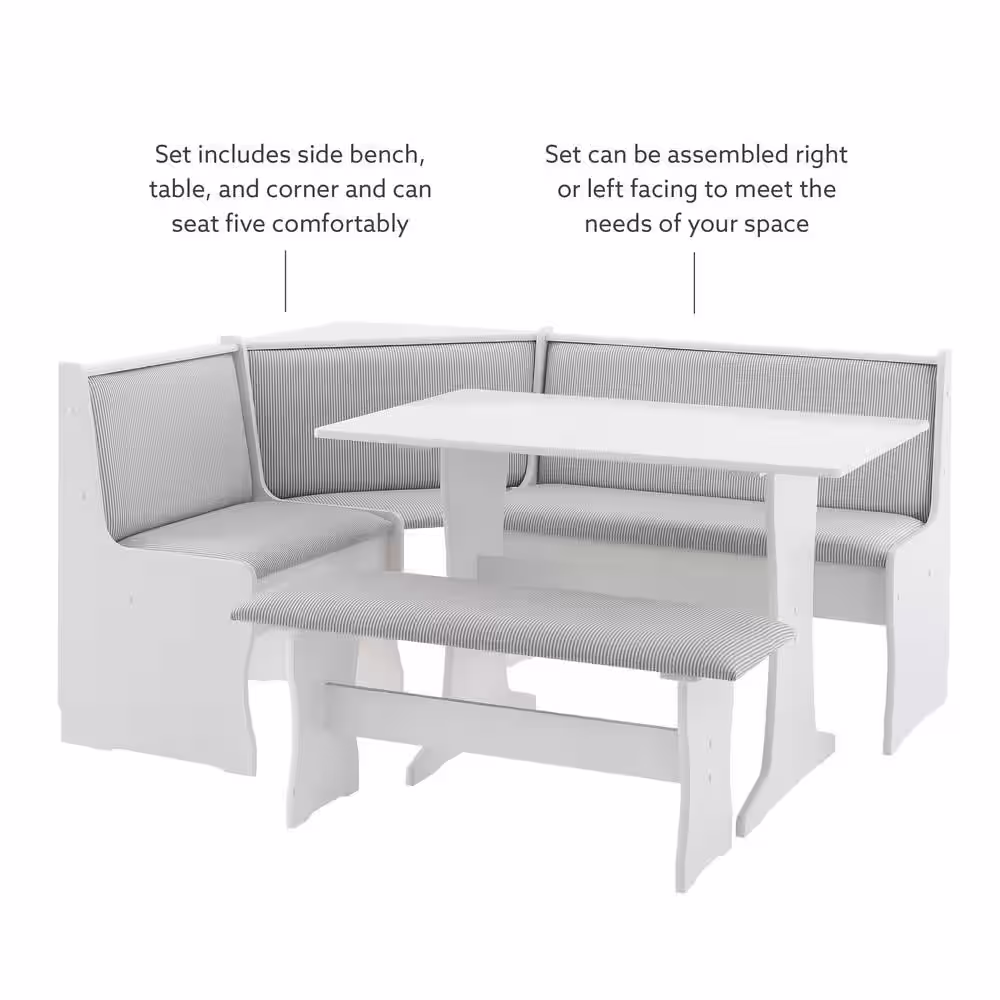 Linon Home Decor Bocephus 3-Piece Rectangular Wood Top and Frame and Gray Striped Upholstery Nook Set with Storage