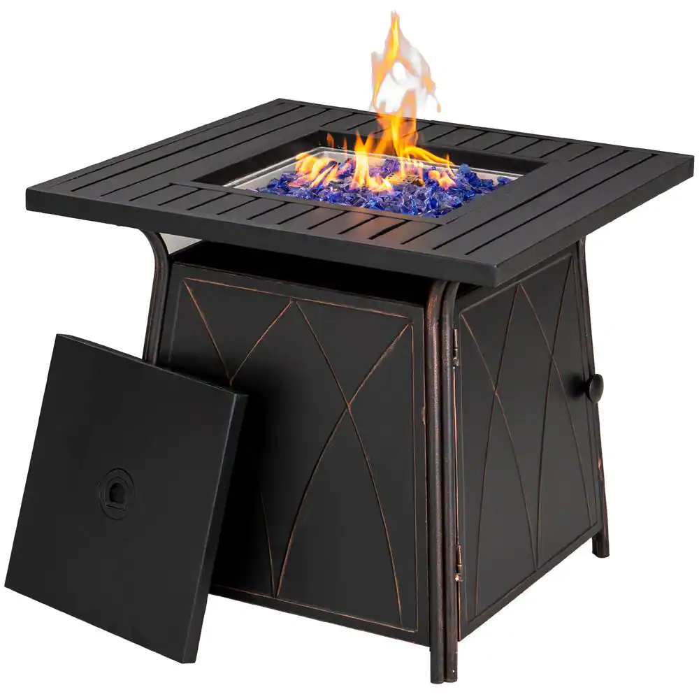None 28.3 in. x 24.8 in. 50,000 BTU Square Metal Gas Fire Pit Table with Lid and Blue Fire Glass