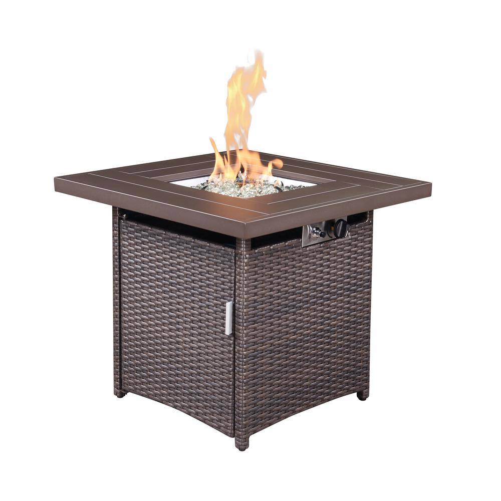 None 28 in. Square Wicker Outdoor Patio Propane Fire Pit Table with Lid