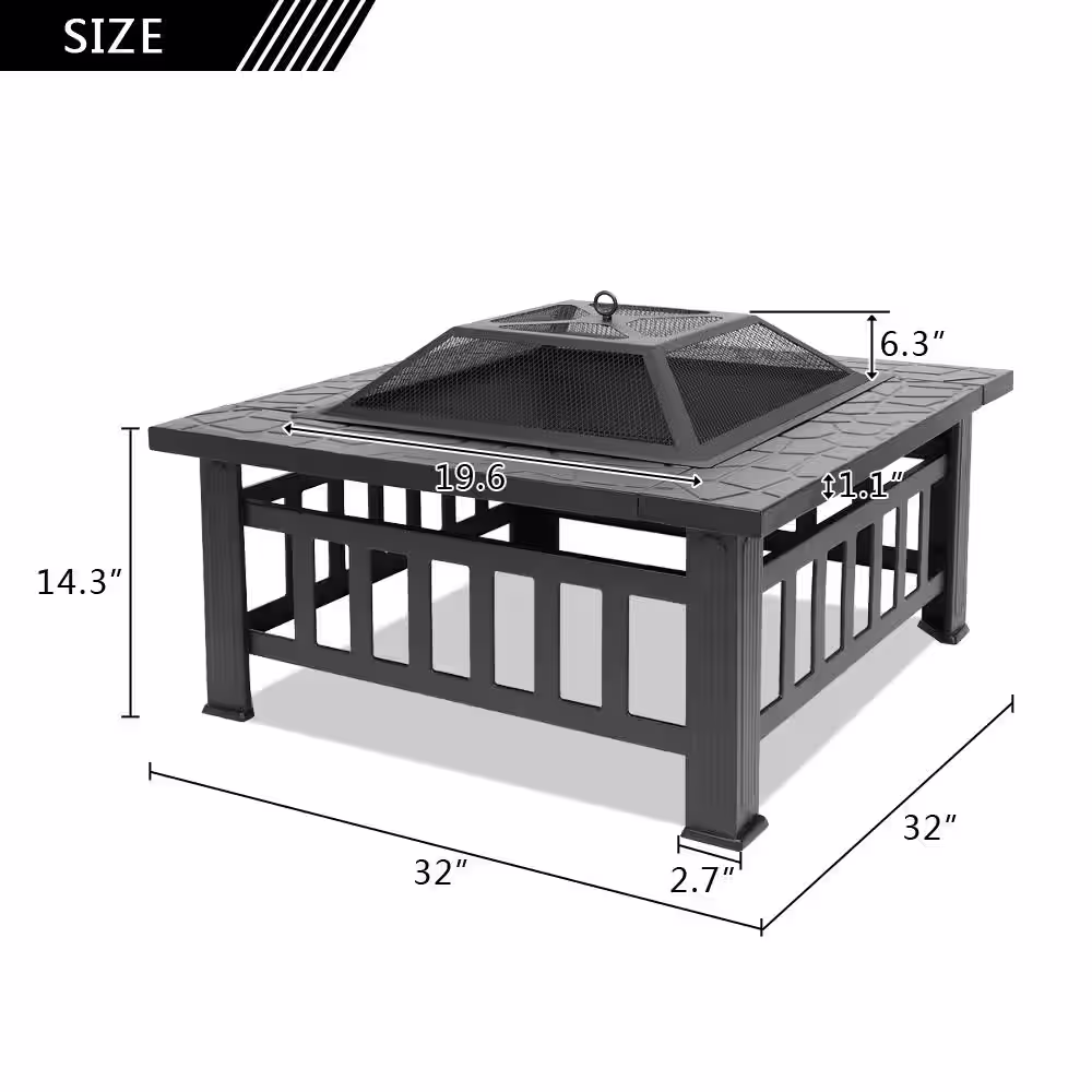 None 32 in. W x 14 in. H Square Metal Wood Burning Fire Pit Table in Black