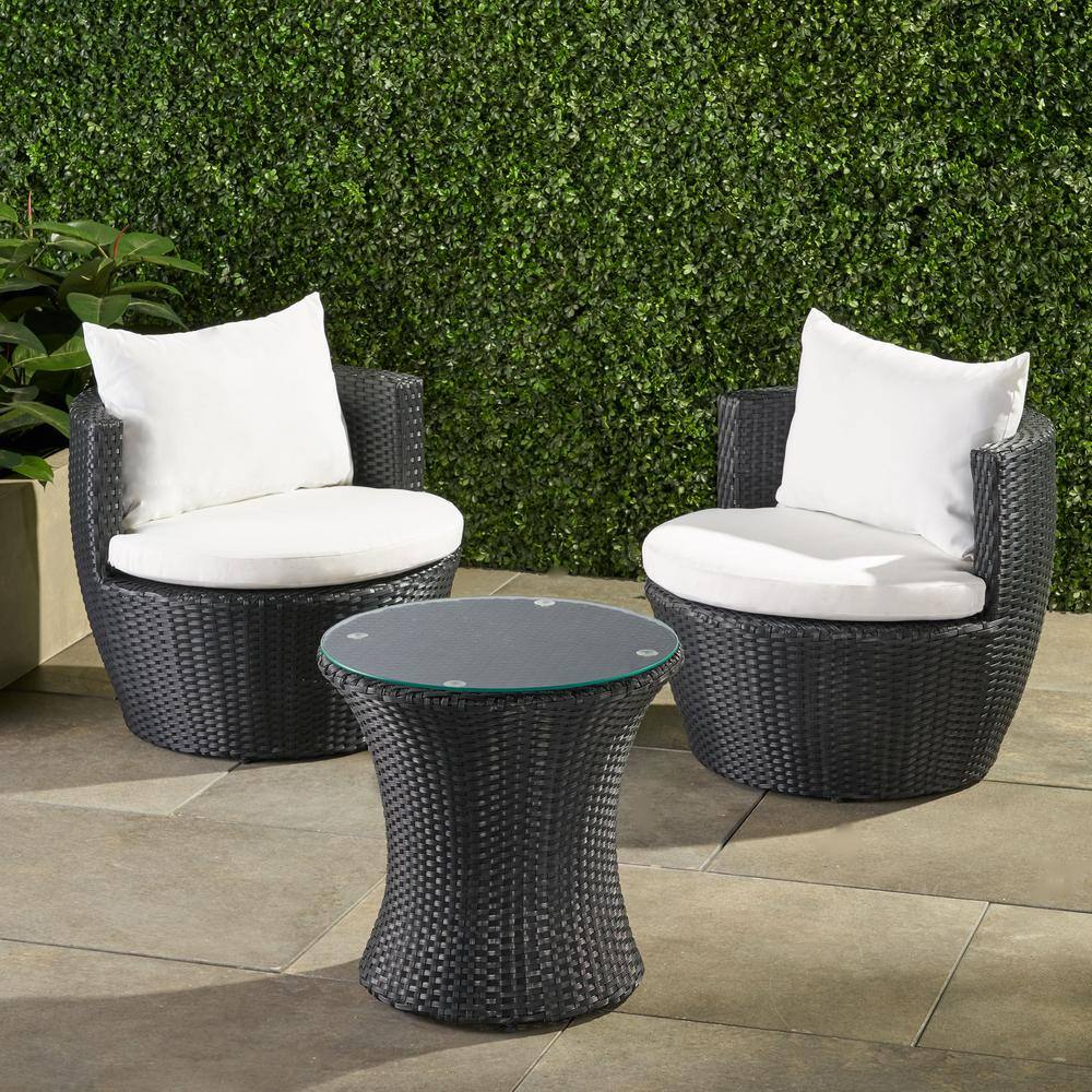 Noble House Kono Black 3-Piece Faux Rattan Patio Conversation Set with White Cushions