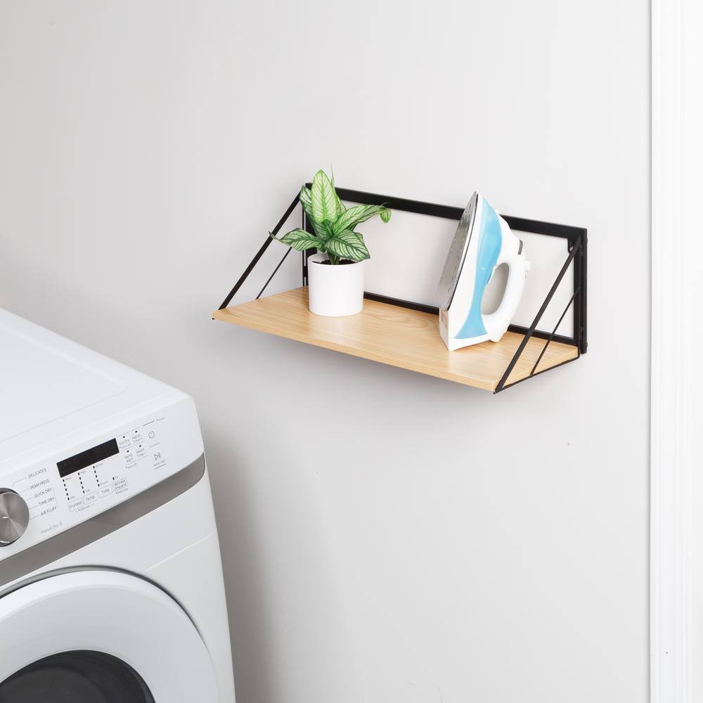 Honey-Can-Do 8 in. H x 24 in. W x 10 in. D Multi-Purpose Wall-Mounted Wood Shelf with Metal Bracket in Black/Natural