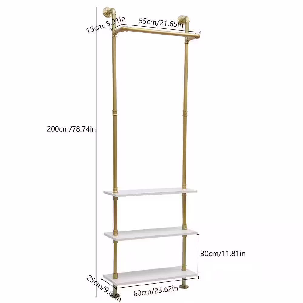 None Gold Iron Wall Mounted Industrial Pipe Clothes Rack with 3 shelves 23.62 in. W x 78.74 in. H