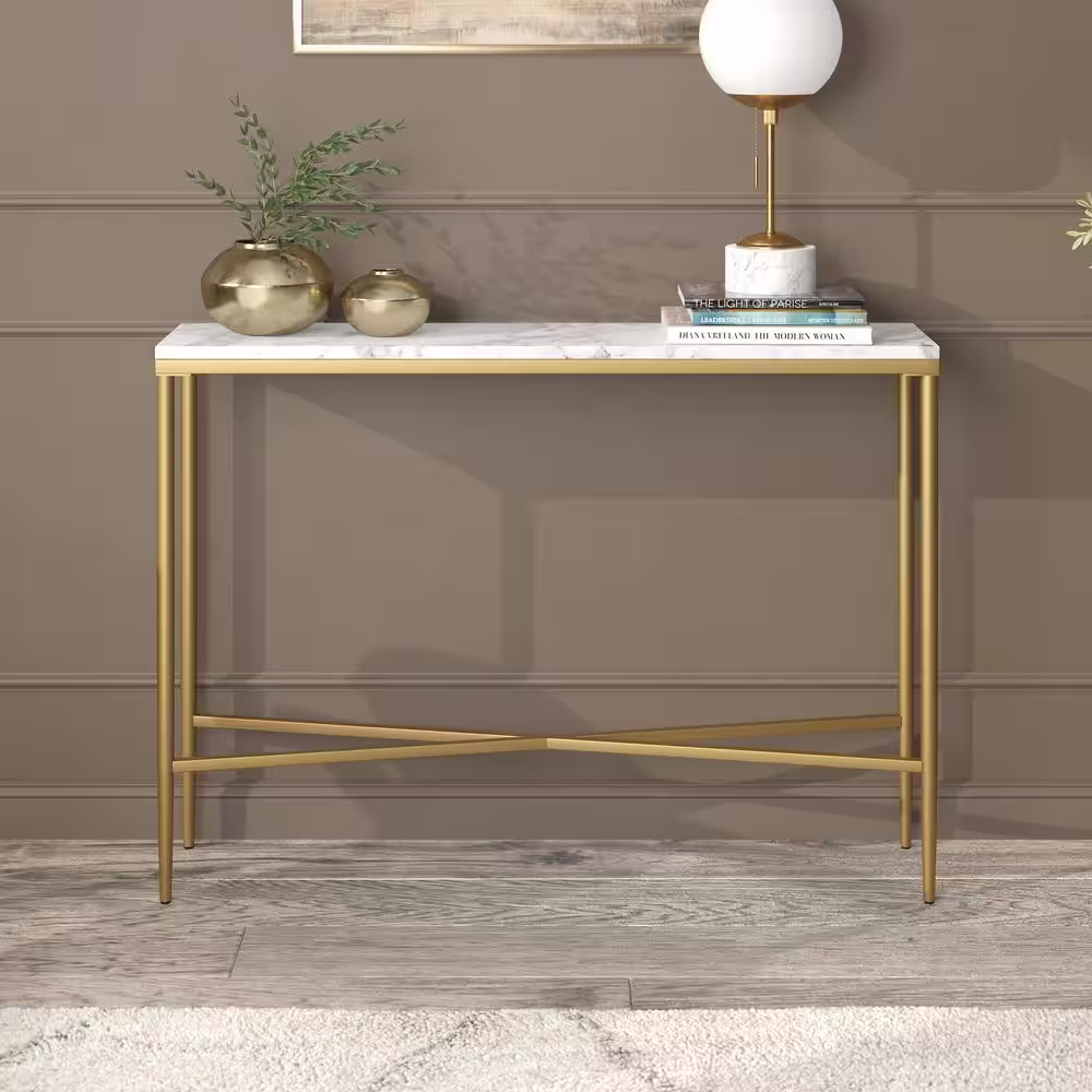 Meyer&Cross Huxley 42 in. Brass Retangular Console Table with Faux Marble Top