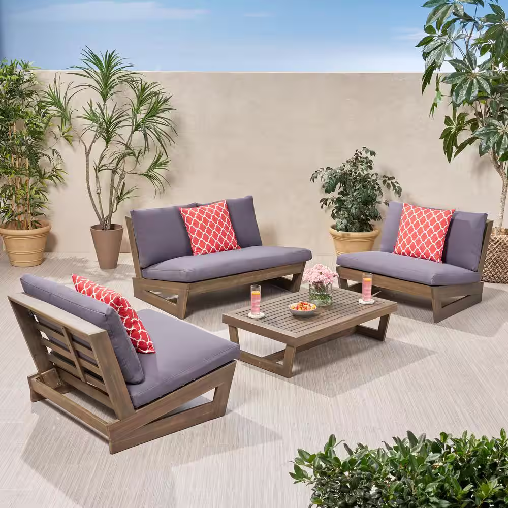 Noble House Sherwood Grey 4-Piece Wood Patio Conversation Set with Dark Grey Cushions