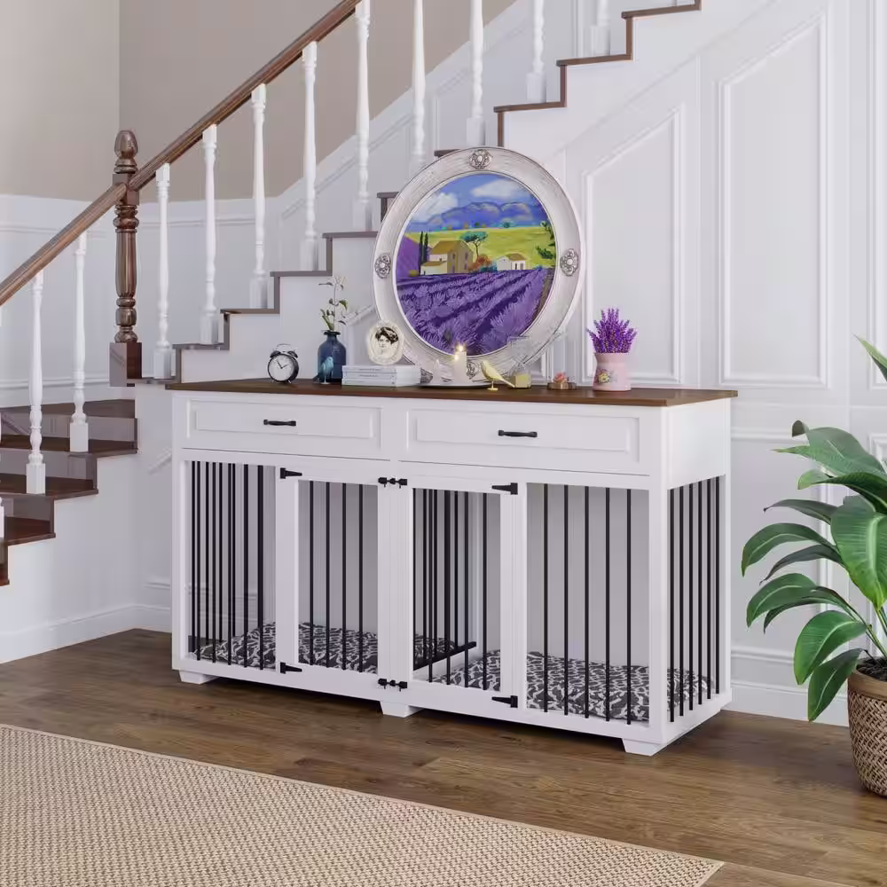 None White Dog Crate for Extra Large Dogs, Large Furniture Style Dog Crate with Removable Irons, Indestructible Dog House