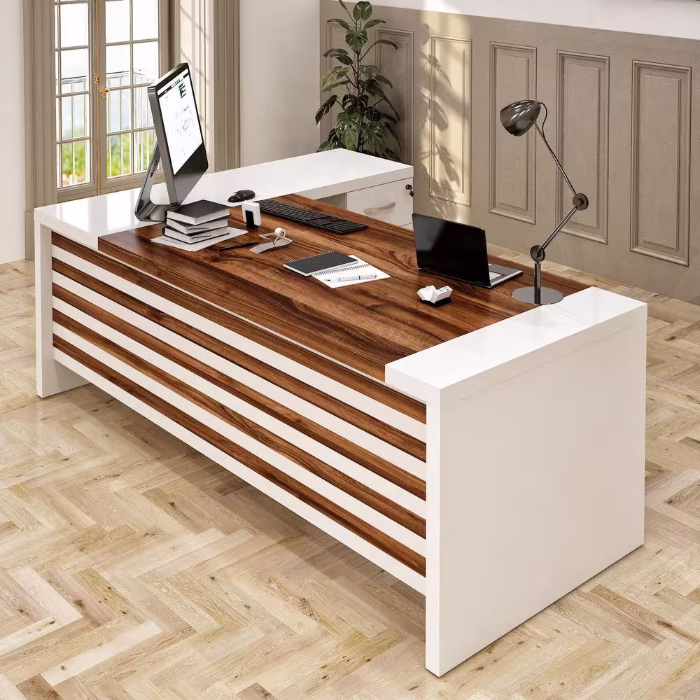 CASA MARE Modern Leon 87 in. White and Brown Wood L Shaped Desk Office Suite Furniture (Set of 3)