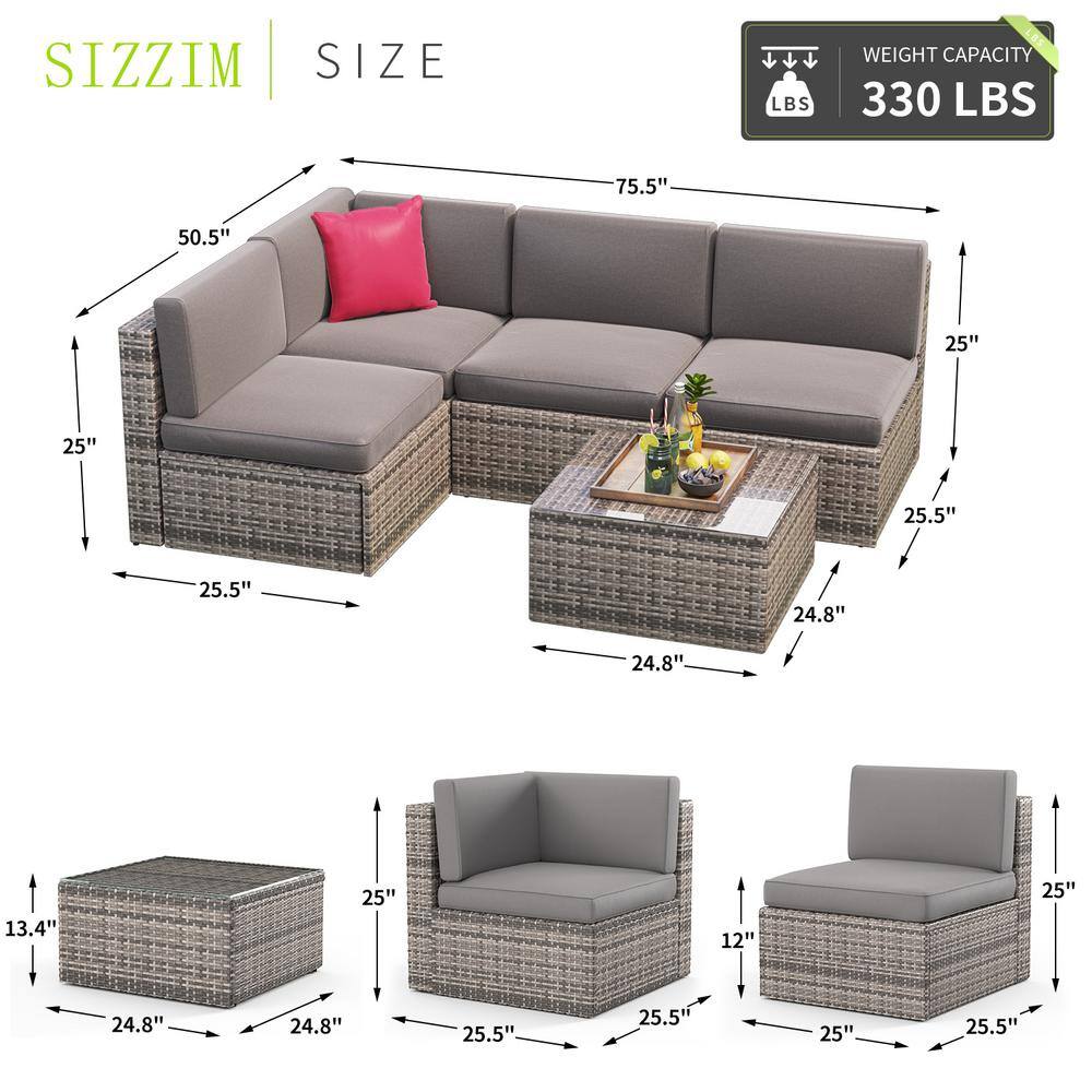 None 5-Piece Wicker Patio Set Conversation Set with Coffee Table, Grey Cushion
