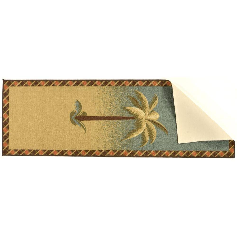 Ottomanson Sara Collection Non-Slip Rubberback Tropical Palm Tree 2x5 Kitchen Runner Rug, 1 ft. 8 in. x 4 ft. 11 in., Beige/Teal