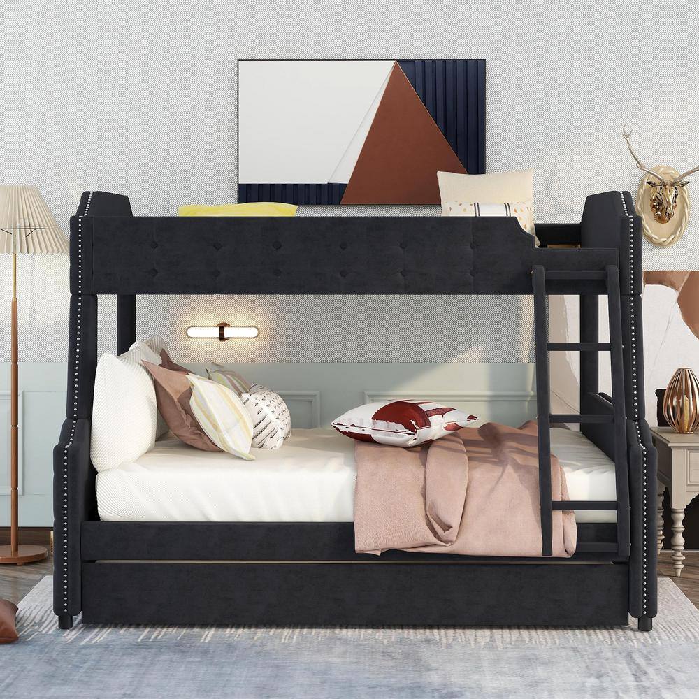 Polibi Black Twin over Full Upholstered Bunk Bed with Trundle and Ladder, Tufted Button Design