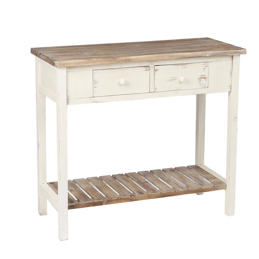 LuxenHome 36 in. Distressed White 2-Drawer Rectangle Wood Entryway and Console Table