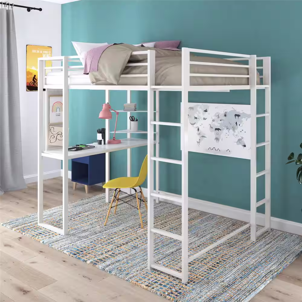 DHP Alana White Full Metal Loft Bed with Desk