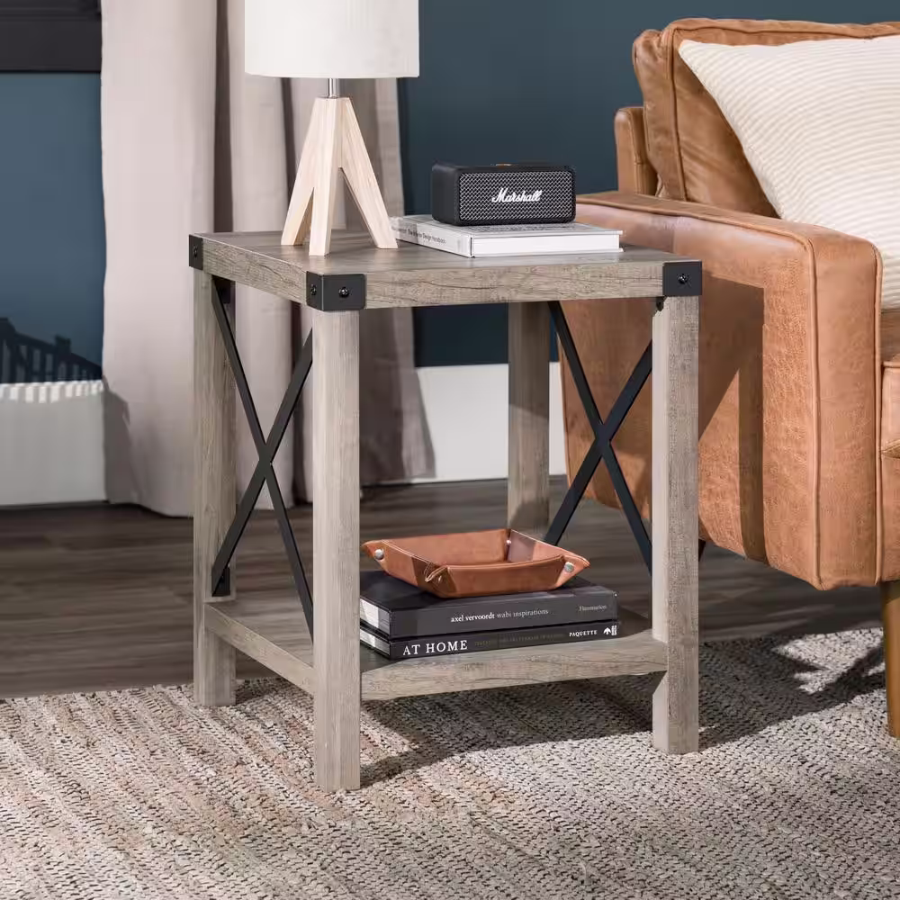 Walker Edison Furniture Company Urban Industrial 18 in. Grey Wash Square Metal X Accent Side Table with Lower Shelf