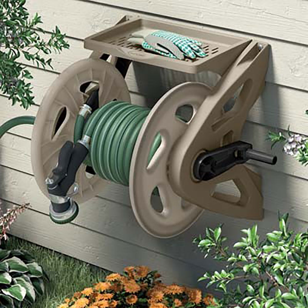 Suncast Handler 200 Foot Resin Wall Mounted Outdoor Garden Hose Reel, Taupe