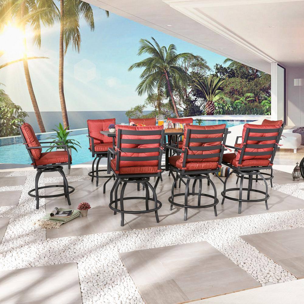 Patio Festival 11-Piece Metal Bar Height Outdoor Dining Set with Red Cushions