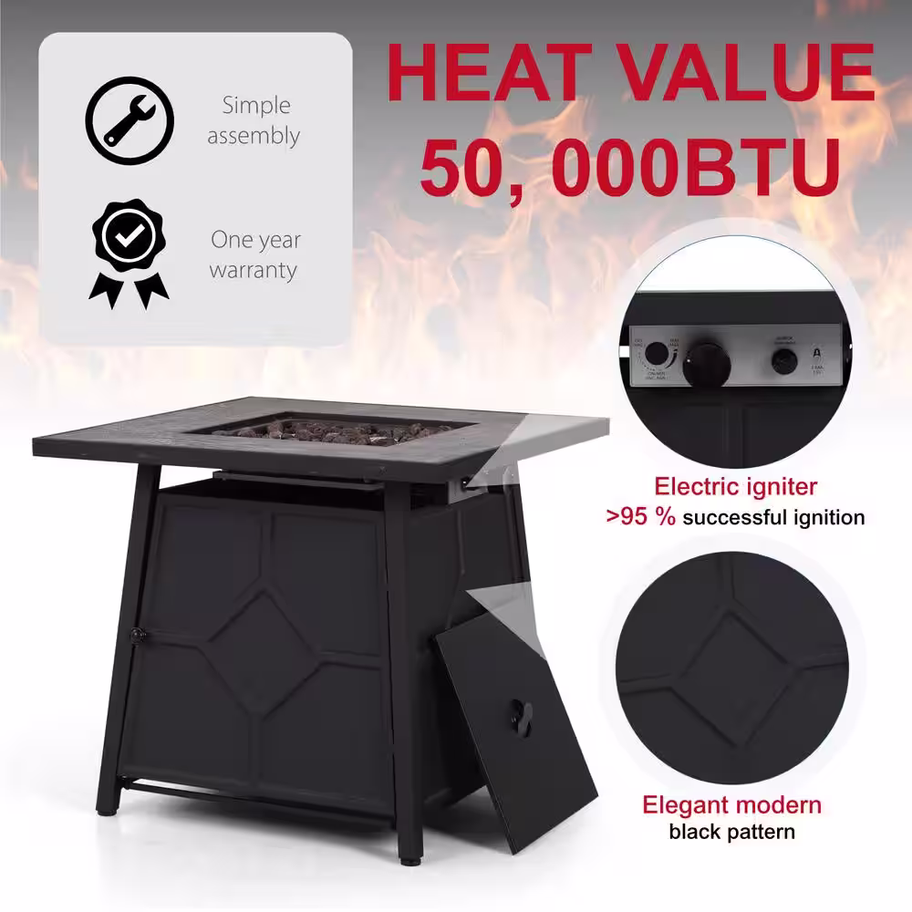 None 28 in. W x 24.8 in. H Square Black Metal Base Propane Gas Fire Pit Table with Gray TerrFab Top