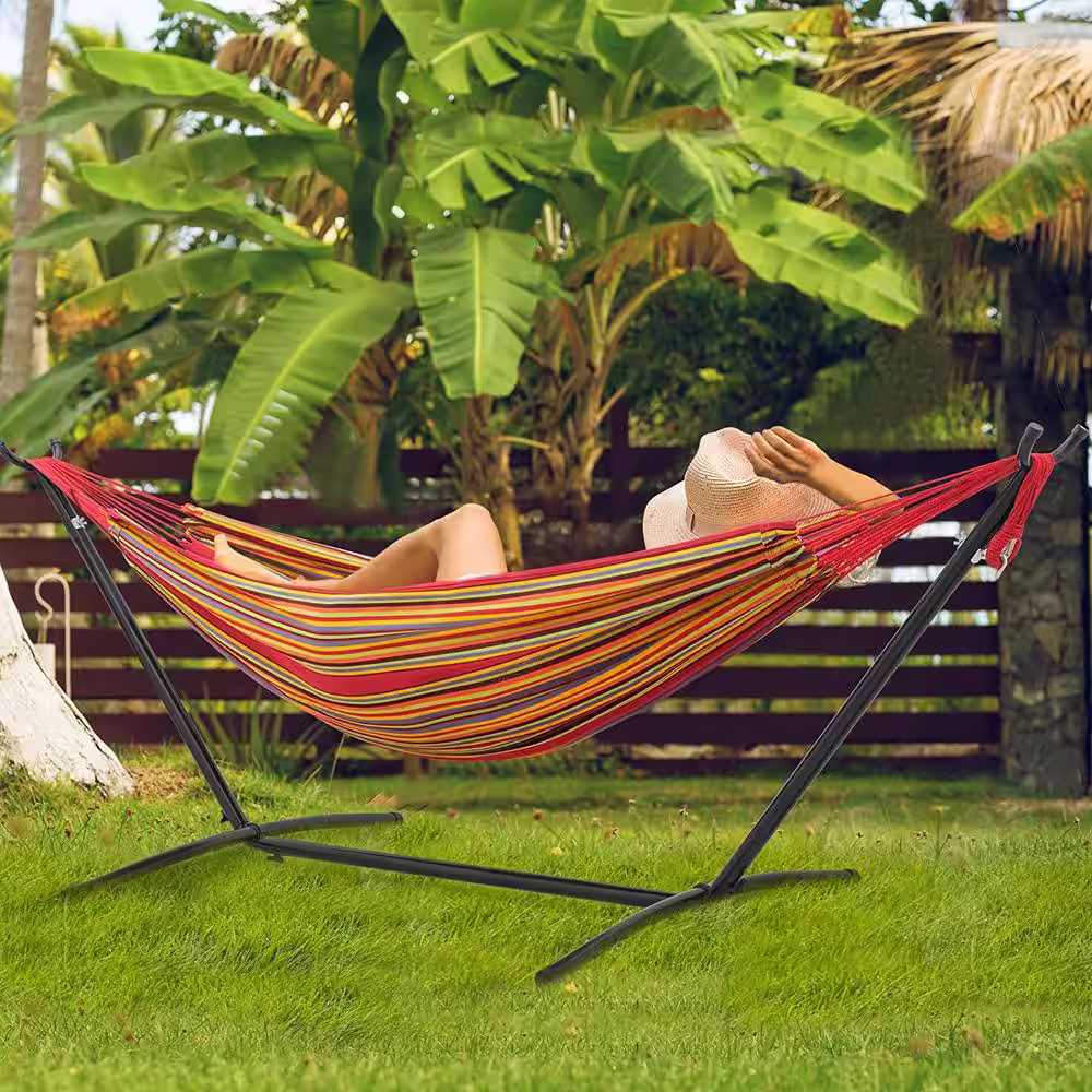 None 10 ft. Fabric Cotton Hammock Bed w/ Space Saving Steel Stand, Tropical (450 lbs. Capacity- Premium Carry Bag Included)