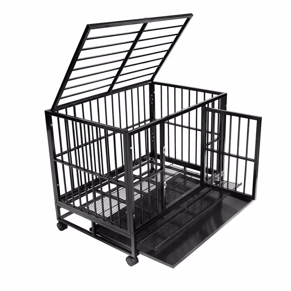 SMITHBUILT Heavy-Duty Metal Dog Cage in Black - Large 42 in.