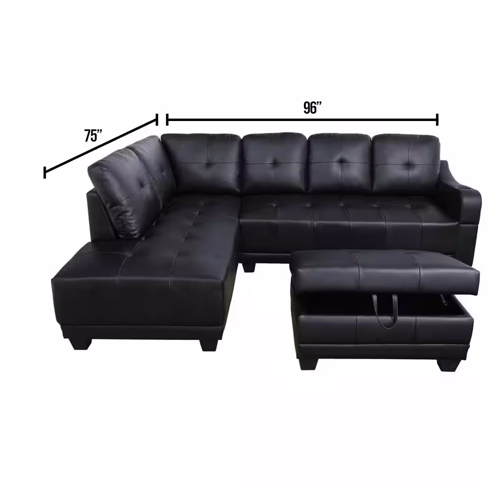 Star Home Living Mike 3-Piece Black Faux Leather 3-Seater L-Shaped Left-Facing Sectional Sofa with Ottoman