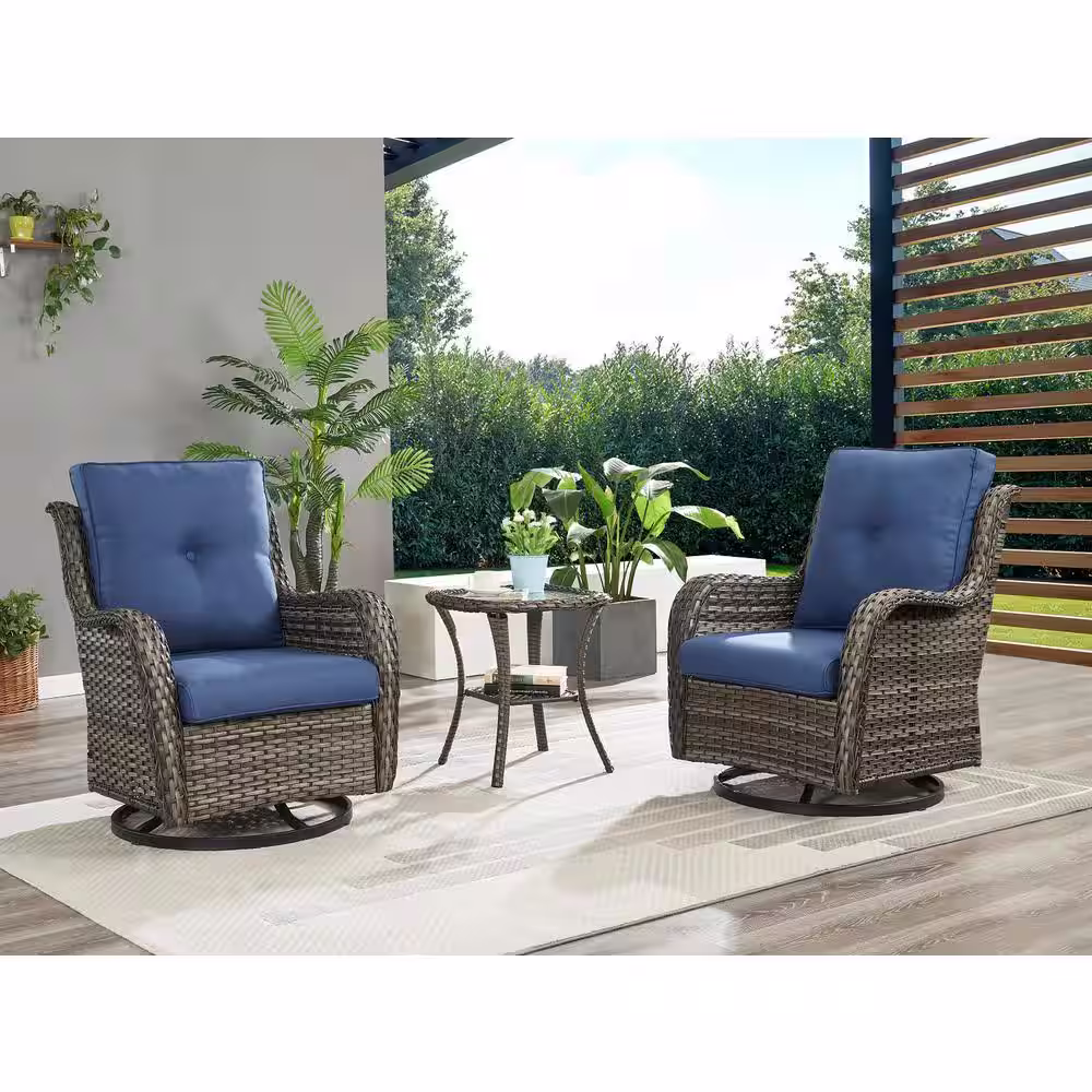 Gymojoy Carolina Gray 3 Pieces Wicker Patio Conversation Deep Seating Set with CushionGuard Blue Cushions