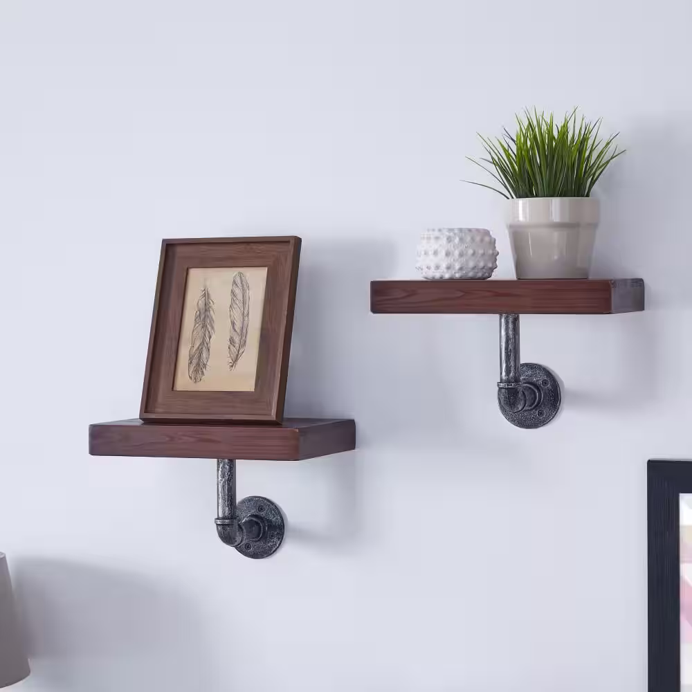 DANYA B 12 in. x 7 in. Floating Pipe Industrial Mocha Rustic Wall Mount Decorative Shelves (Set of 2)