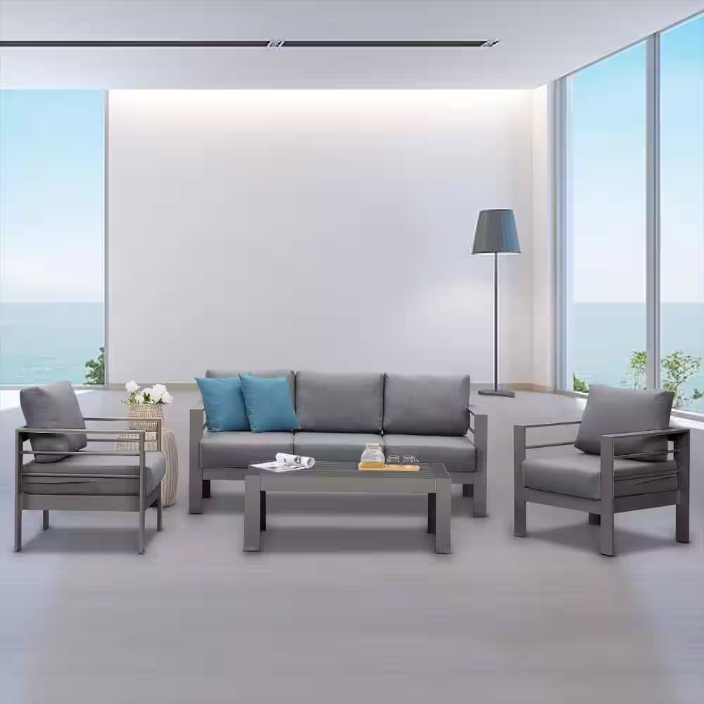SUNVIVI Grey 4-Piece Aluminum Patio Conversation Set with Dark Grey Cushions