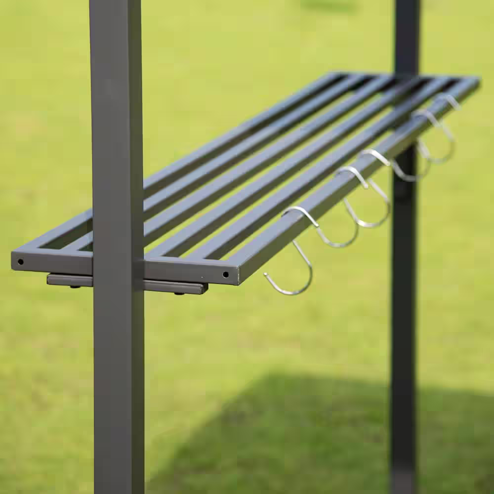 None 7 ft. x 6.8 ft. Steel Double-Layer Soft-Top BBQ Canopy Pavilion with Side Awning, Bar Counters and Hooks