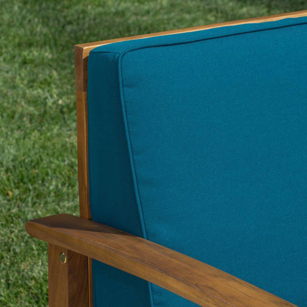 Noble House Perla Teak Brown 3-Piece Wood Patio Conversation Seating Set with Blue Cushions