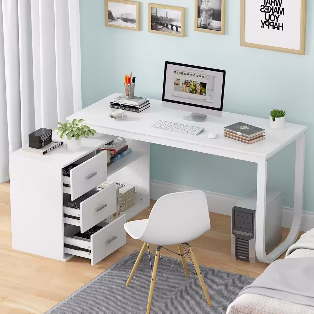 None 55.1 in. L-Shaped White Wood Computer Desk Writing Desk Office Executive Desk W/Removable Tabletop, Shelves, 3-Drawers