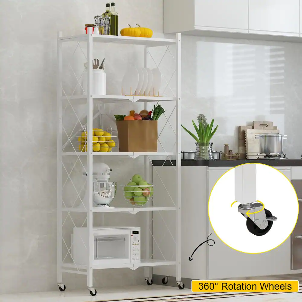 FUFU&GAGA 64.3 in. H White Metal 10-Shelf Freestanding Standard Bookcase Foldable Metal Shelf Shelving Unit With Wheels