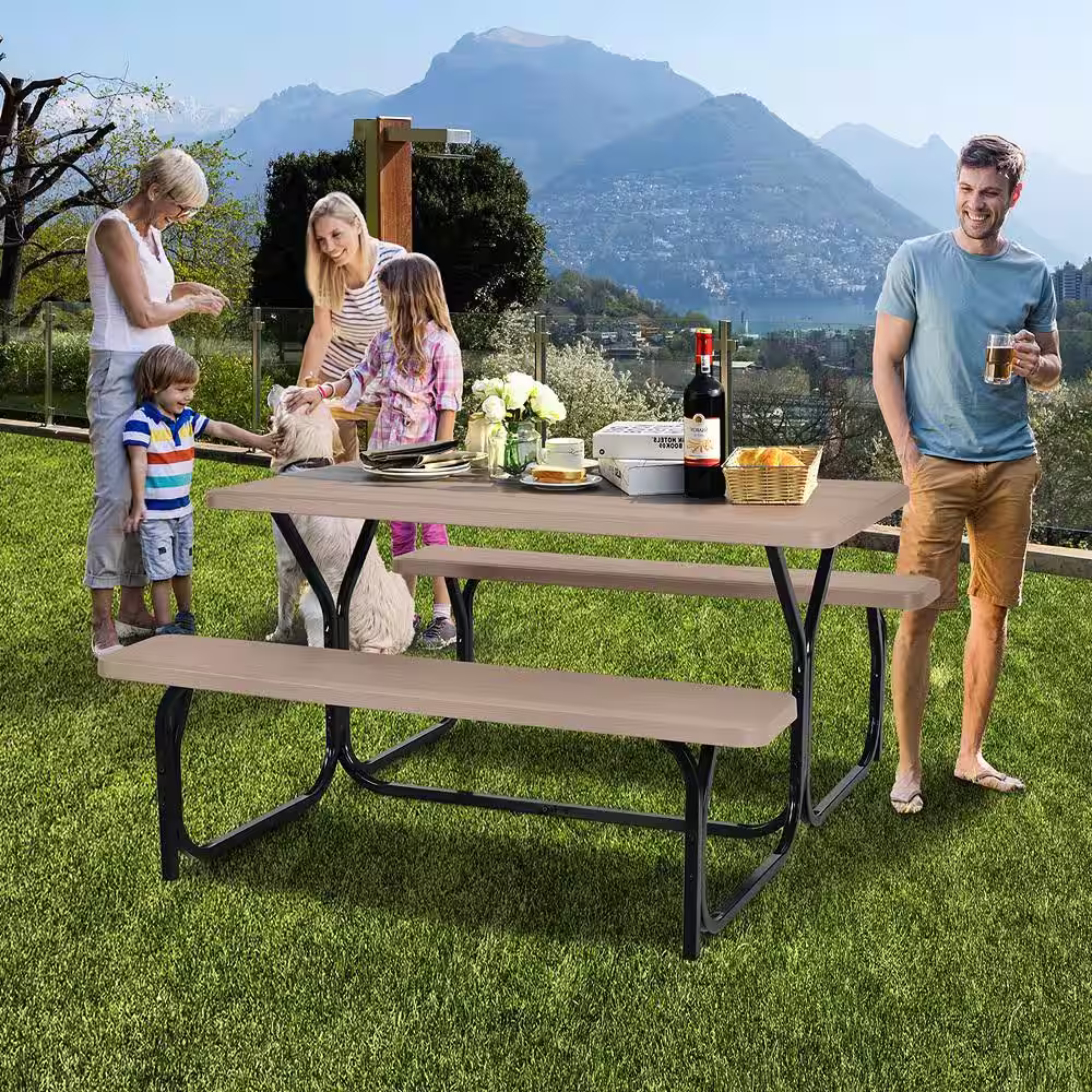 Costway 54 in. Picnic Table Bench Set Outdoor Backyard Garden Party Dining All Weather Brown