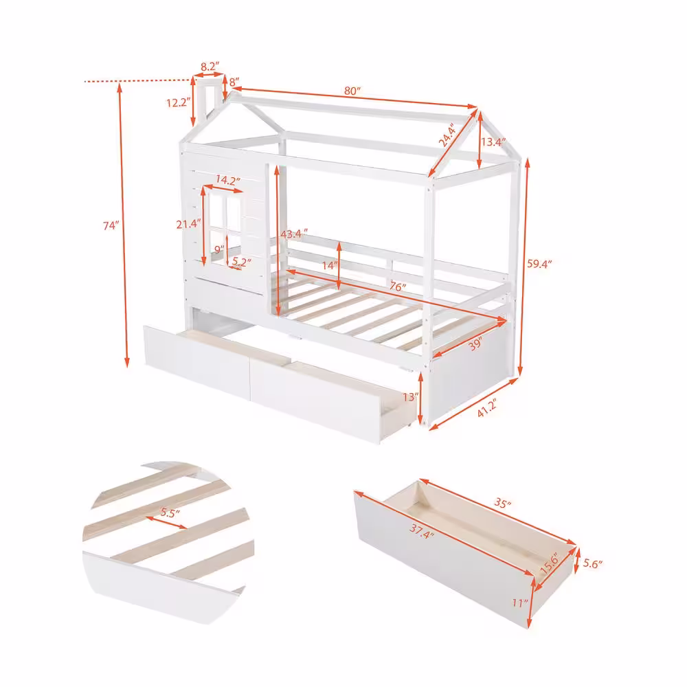 Harper & Bright Designs White Twin Size Wood House Bed with 2-Drawers