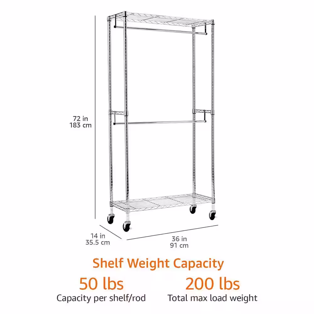 None Chrome Steel Garment Clothes Rack With Double Rod 36 in. W x 72 in. H