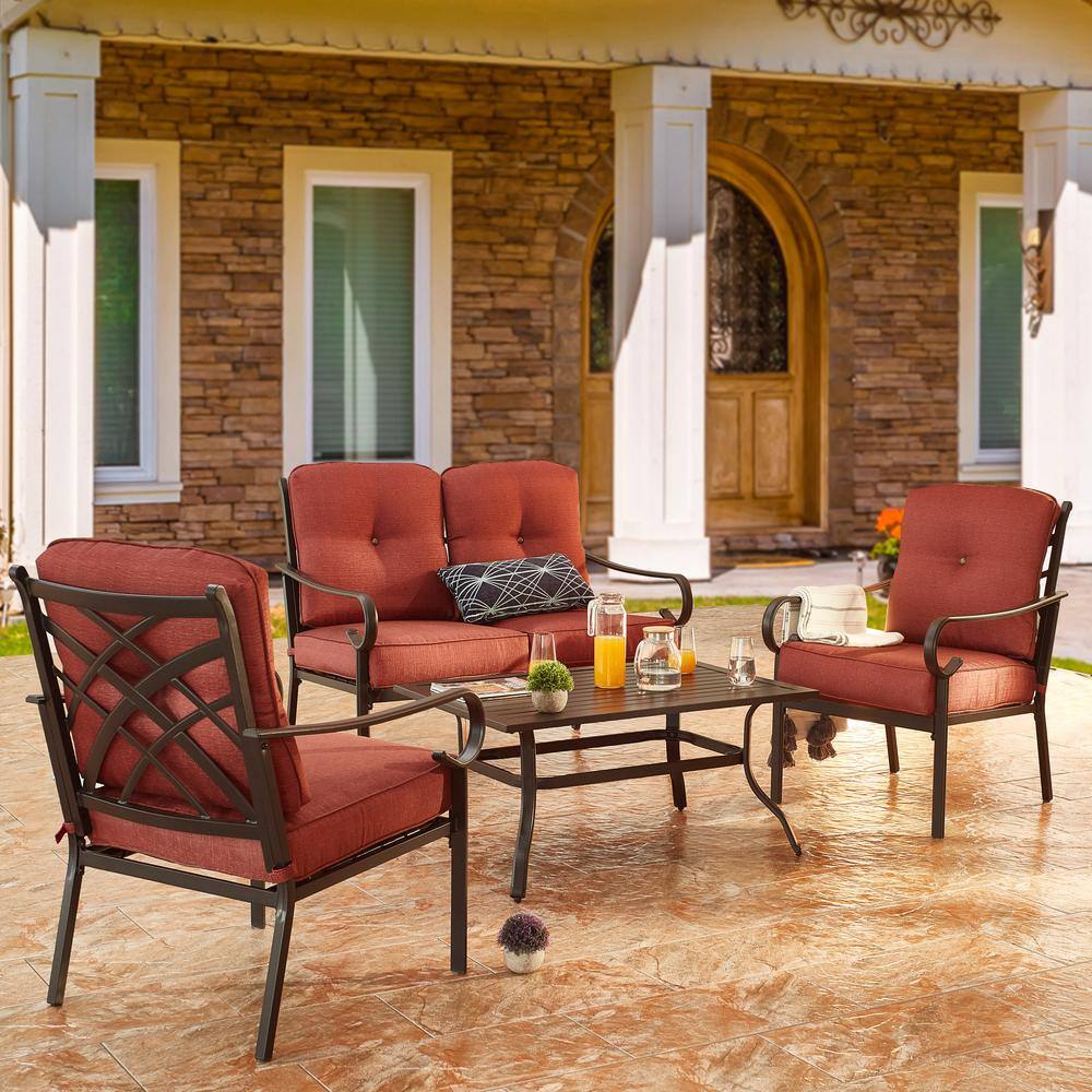 TOP HOME SPACE Black 4-Piece Metal Patio Conversation Set with 6.3 in. Red Cushions