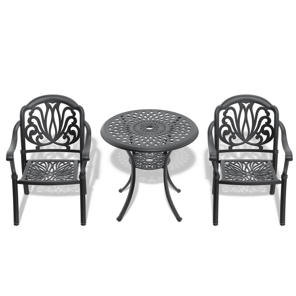 None 3-Piece Cast Aluminum Outdoor Bistro Set Patio Table Set with Random Colors Cushion and Umbrella Hole in Black