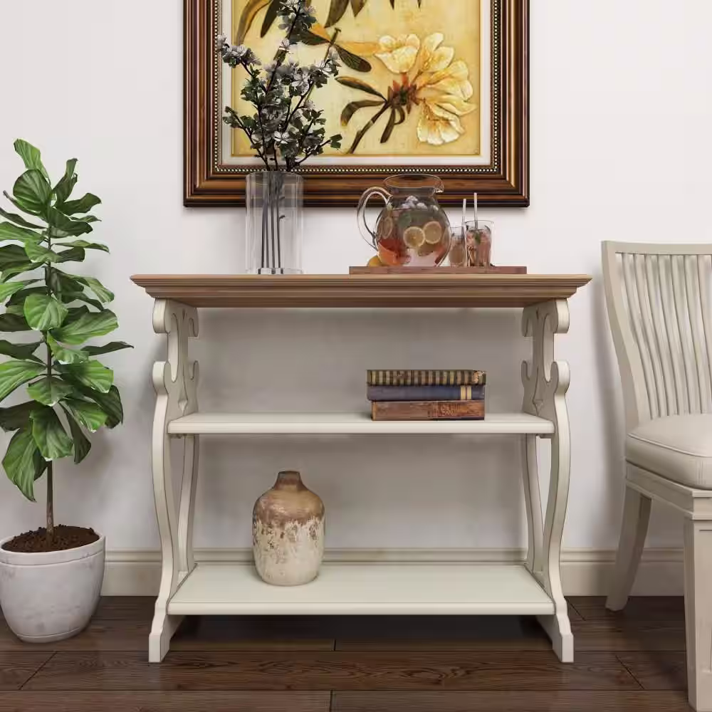 Litton Lane 38 in. White Extra Large Rectangle Wood Scroll Side Frames 2 Shelf Console Table with Brown Wood Top