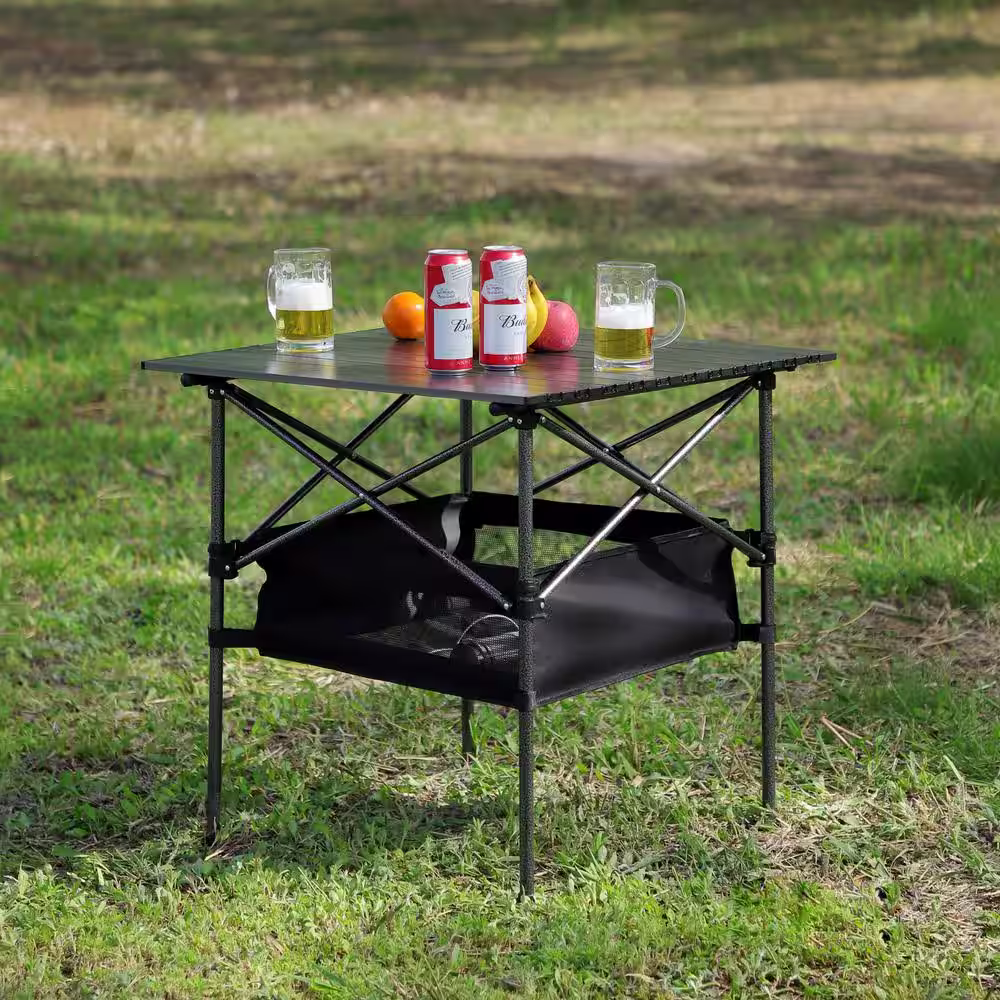 None 27.56 in. Black Square Outdoor Folding Camping Table Portable Aluminum Picnic Table with Carry Bag