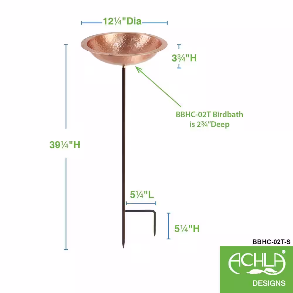 Achla Designs 39.25 in. Tall Satin Copper Hammered Solid Copper Birdbath with Stake