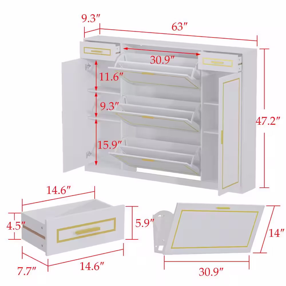 None 47.2 in. H x 63 in. W White Wooden Shoe Storage Cabinet Console Table with 2 Doors 5 Drawers and 6 Shelves