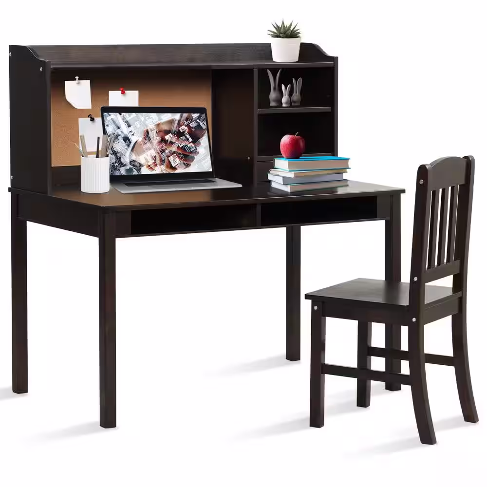 Costway 44 in. Kids Desk and Chair Set Study Writing Desk with Hutch and Bookshelves Brown 2-Piece
