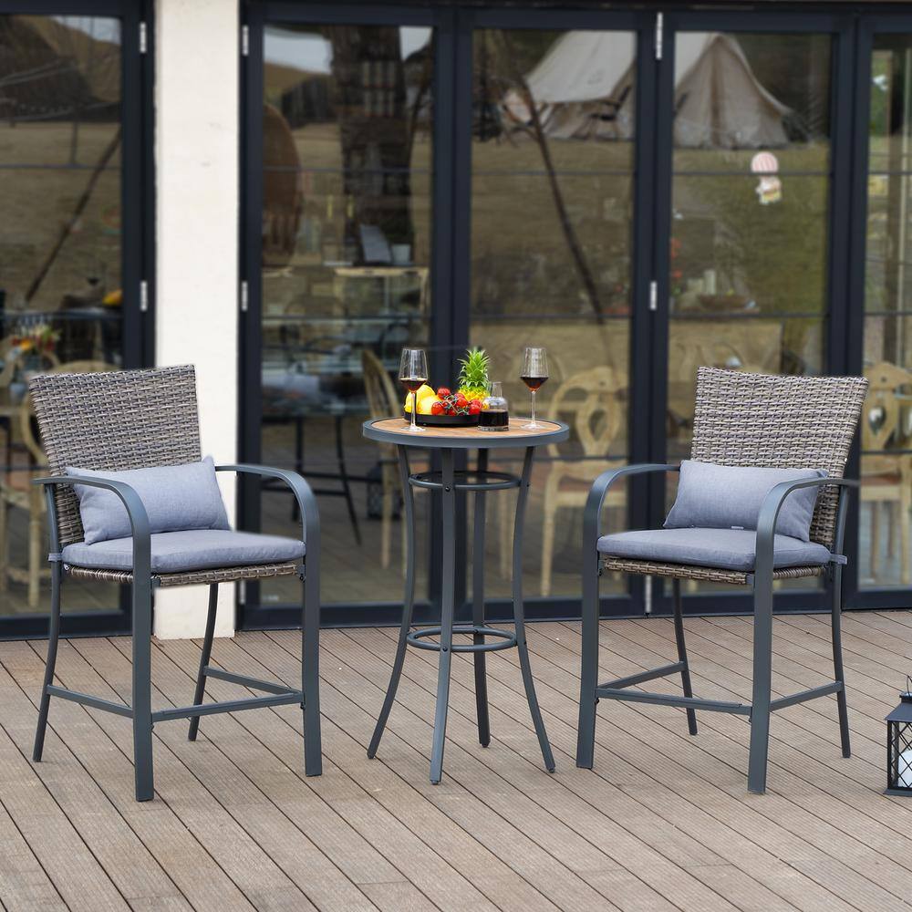None Brown 3-Piece Wicker Rattan Bar Height Outdoor Bistro Set with Gray Cushion (Box 1 of 2)