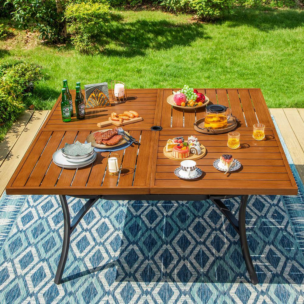 None 9-Piece Metal Patio Outdoor Dining Set with Square Brown Table and High-Back Swivel Rattan Chairs