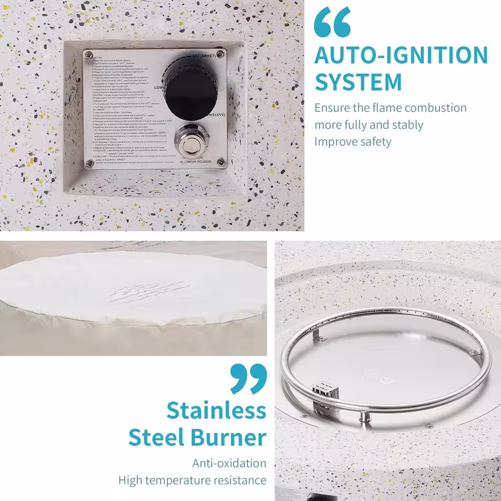 None 41 in. 50000 BTU Elegant White Round Composite GRFC Fire Pit Table with Glass Wind Guard and Water-Resistent Cover