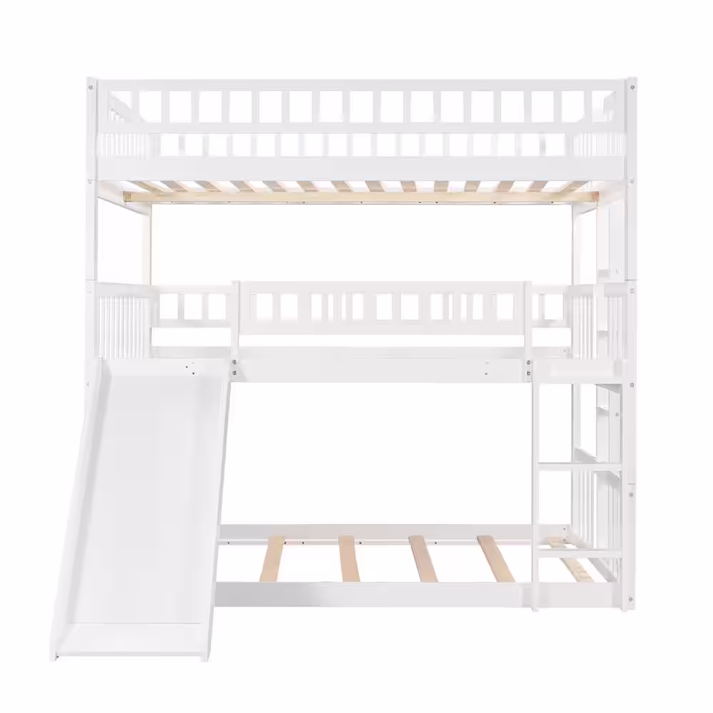 Qualler White Full Over Full Over Full Triple Bunk Bed with Slide