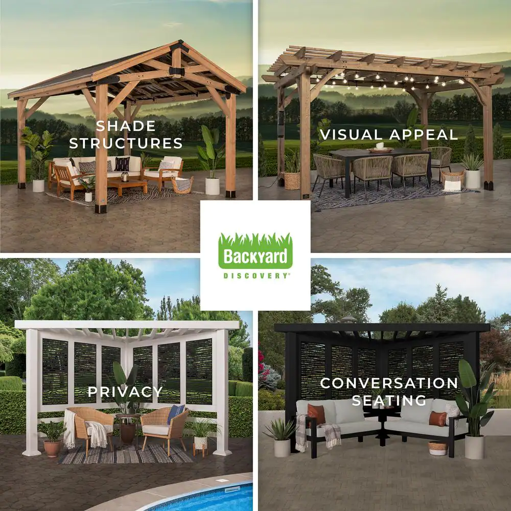 Backyard Discovery Tuscany 9 ft. x 9 ft. Light Brown Wooden Cabana Pergola with Bamboo Privacy Panels and Pumice Conversation Seating