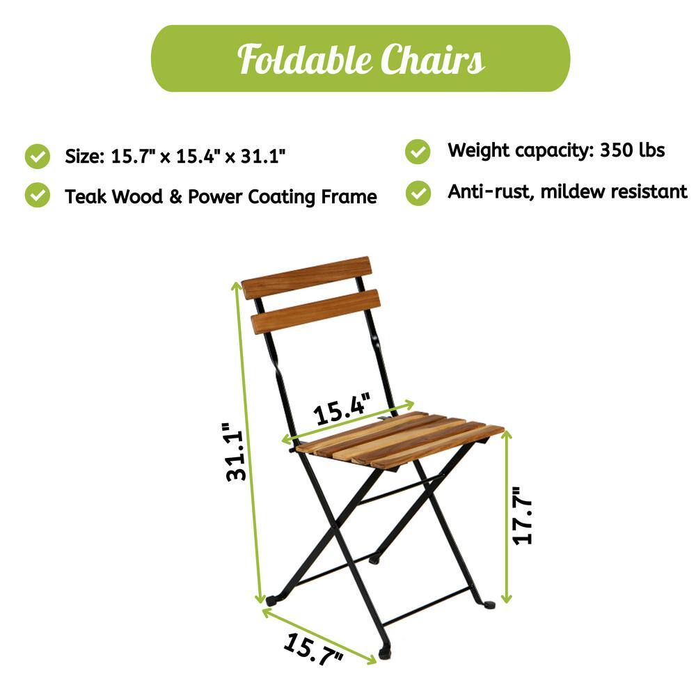 None Indoor/Outdoor 3-Piece Solid Teak Wood Folding Outdoor Bistro Set with Navy Cushions
