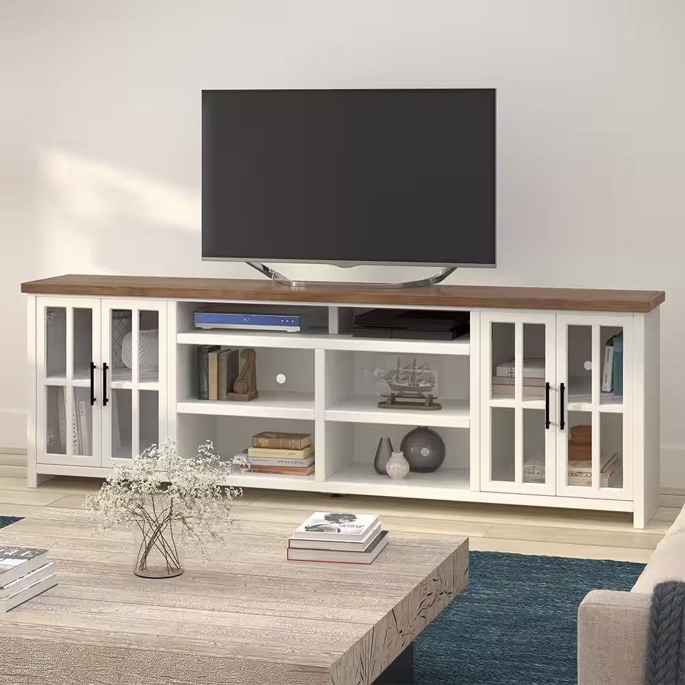 None 97 in. Fully Assembled White and Brown TV Stand, Fits TV's up to 85 in.