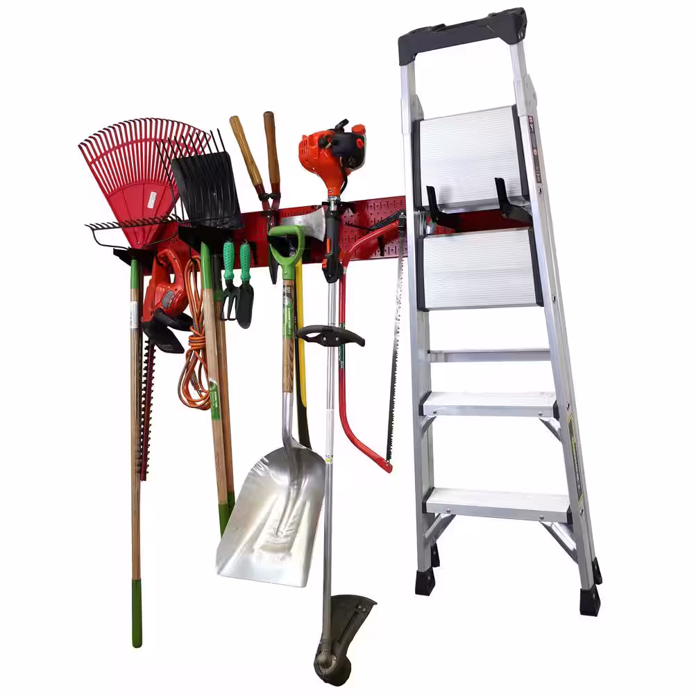 Wall Control 8 in. H x 64 in. W Garage Tool Storage Lawn and Garden Tool Organization Rack with Red Metal Pegboard and Black Hook Set