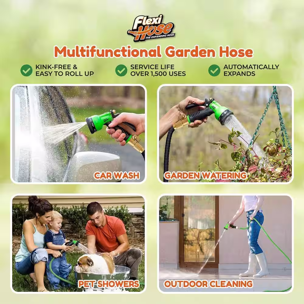 None Flexi Hose 3/4 in x 75 ft. with 8 Function Nozzle Expandable Garden Hose, Lightweight & No-Kink Flexible, Black